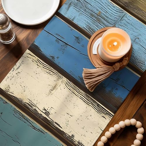 Farmhouse Blue Beige Table Runner, Washable Cotton Linen Table Runners
