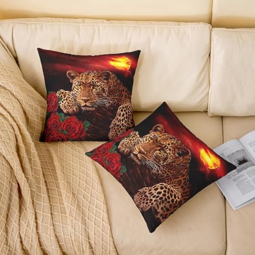 Leopard Rose Pillow Covers 22x22 Set of 2 Cheetah Floral Print