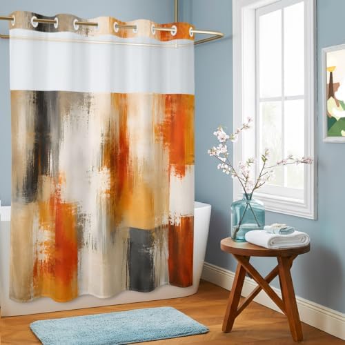 Extra Long No Hook Shower Curtain Bathroom Decor Orange Beige Gray