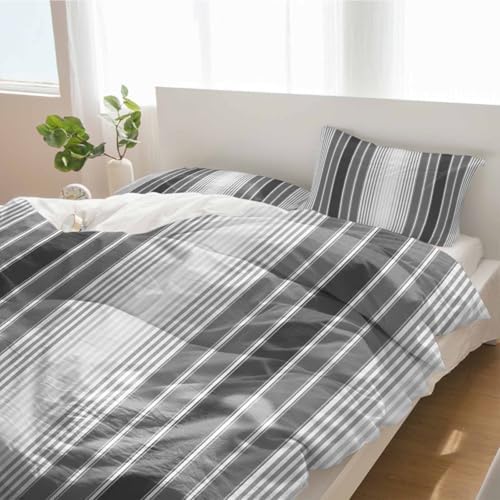 Duvet Cover Set Queen, Abstract Grey Gradient Stripe 3 Piece Bedding