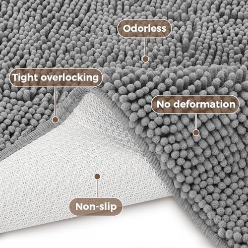 Bcoimo Bath Rug Mat,60x24 Chenille Non Slip Grey Long Bathroom Runner