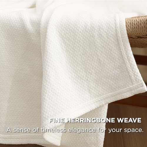 Bedsure 100% Cotton Blanket, Herringbone Weave, Throw XL, Cream