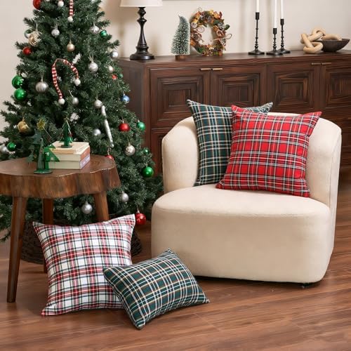 Green Christmas Tartan Plaid Decor Throw Pillow Covers 18x18 Set of 2