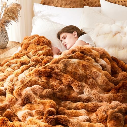 L'AGRATY Faux Fur Throw Blanket for Couch, 60''x80'' Tie-Dye Caramel