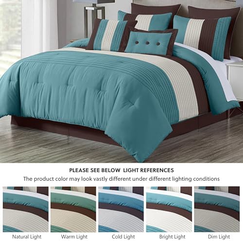 Loft 8-Piece Striped Comforter Set King, Blue/Beige/Chocolate Brown