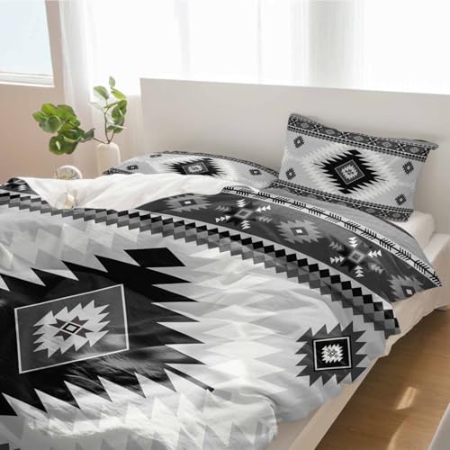 Duvet Cover Set Full, Aztec Gray Geometric Pattern 3 Piece Bedding Set