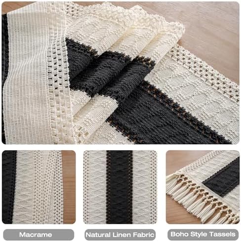 Black Farmhouse Boho Macrame Table Runner with Tassels 90 inches Long
