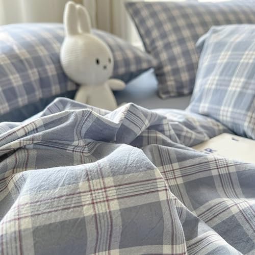 Modern Gingham Grid Duvet Cover Set, 100% Washed Cotton Plaid Boho