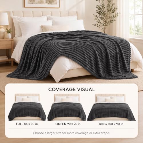 HIMEET Charcoal Grey Queen Blanket for Bed, 300GSM Ribbed Fleece, 90 x