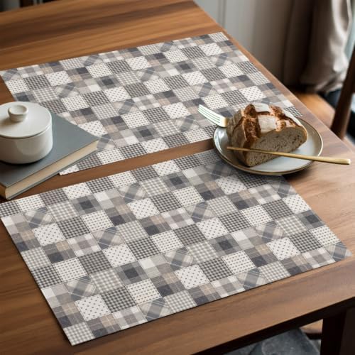 Patchwork Placemats Set of 8, Vintage Gray Minimalist Plaid Squares
