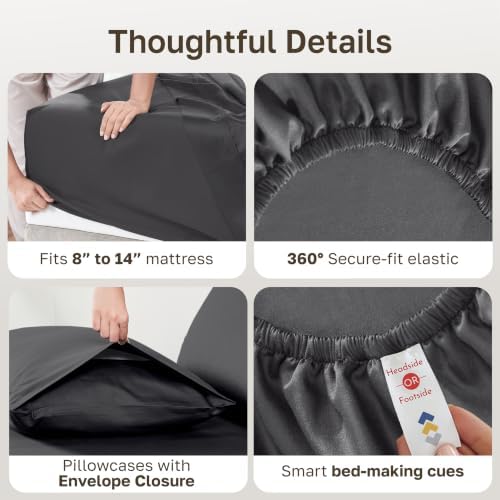 Soft Natural 100% Cotton Sateen Deep Pocket King Sheet Set, Dark Grey