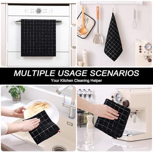 Homaxy Cotton Terry Kitchen Towels and Dishcloths Set of 12, Black