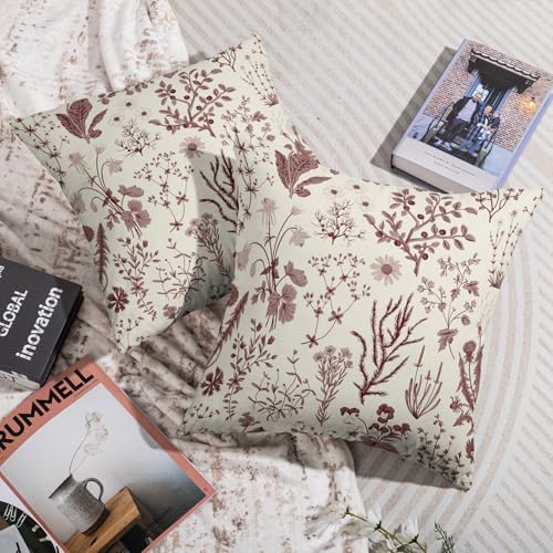 Burgundy Floral Pillow Covers 18X18 Set of 2, Spring Flower
