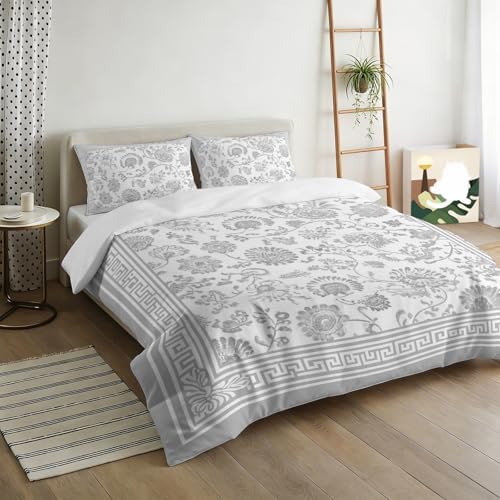 3 Pieces Bedding Set Queen Size, Grey Floral Soft Duvet Covers Set