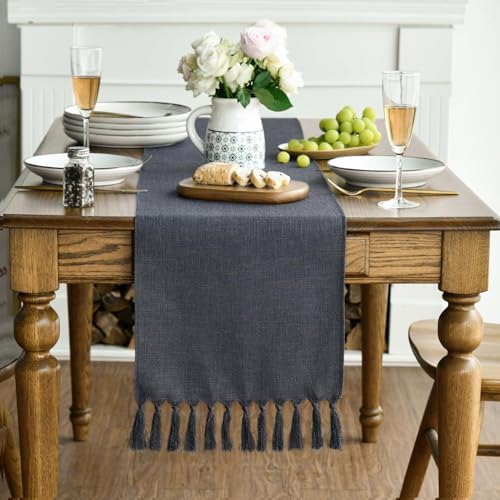Artoid Mode Graphite Grey Tassel Table Runner, Linen Blend Rustic
