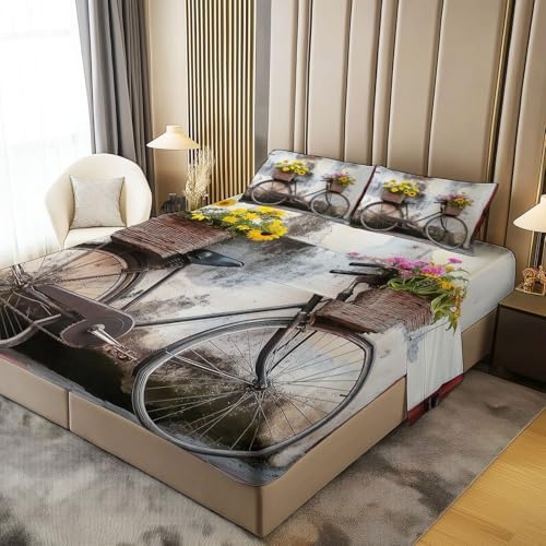 Fitted Sheet 3 Pieces Twin XL Size Retro Street Photography Bicycle