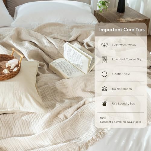 MooMee 100% Cotton Muslin Blanket Fringed 4-Layer Gauze Bed Throw
