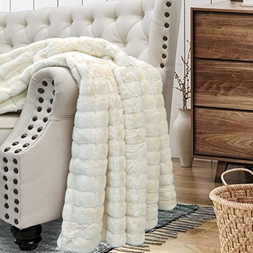 Stripe Faux Fur Throw Blanket with Sherpa Back, 50"x60", Cream Beige