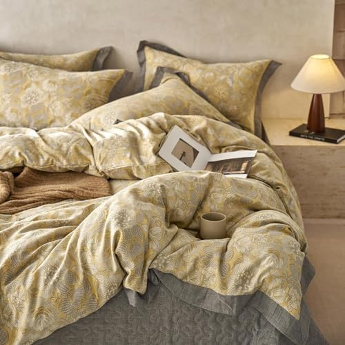 LifeTB Golden Floral Jacquard Duvet Cover Queen 3 Pieces Cotton