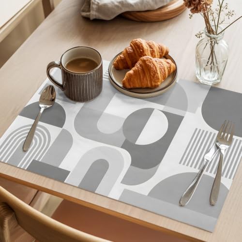 Gray Geometric Placemats Set of 8, Cotton Linen Fabric Place Mats
