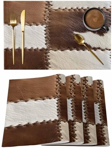 Placemats Set of 8, Brown White Leather Texture Woven Placemat, Linen