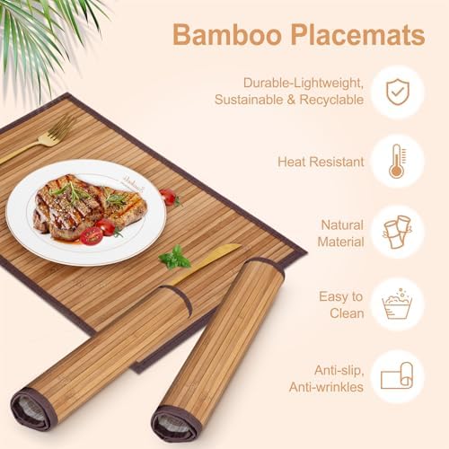 Bamboo Placemats Set of 8 with Fabric Border, Table Mats, Camel