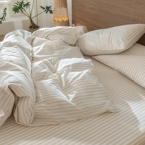 MooMee Striped Duvet Cover Set 100% Washed Cotton Linen Like Queen