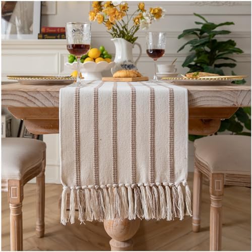 Caflife Boho Table Runner 60 Inchs Long Taupe and Beige, Cotton and