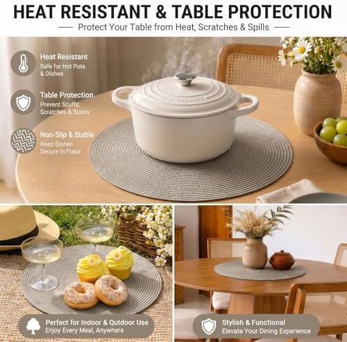 FunWheat Round Braided Placemats Set of 8 Table Mats for Dining Tables