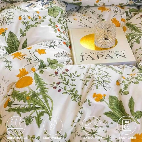 Floral Duvet Cover King Size - Blue Green Yellow White Flower Leaf