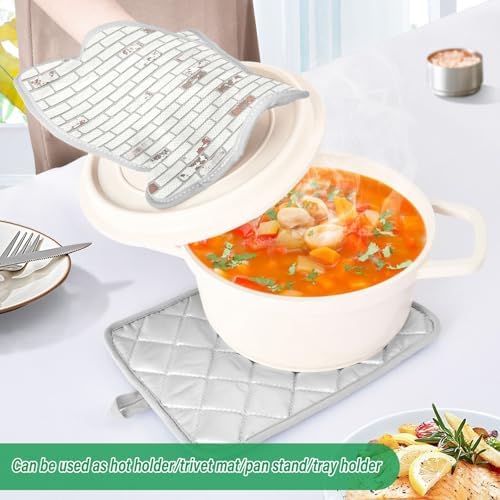 Gray Wall Heat Resistant Pot Holders Set of 2, Quilted Silver Lining