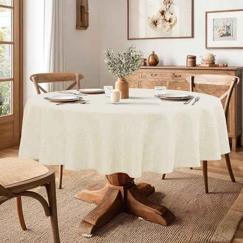 JIUZHEN Round Table Cloth Faux Linen Farmhouse Tablecloth Wrinkle and