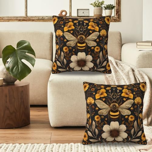 KiuLoam Vintage Pillow Covers 20x20 Set of 2 Bee Gold Yellow Cream