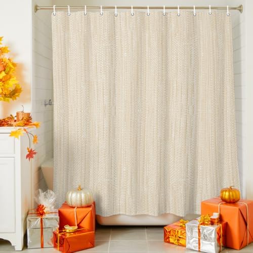 QueenKer Beige Linen Texture Shower Curtain Vintage Solid Color