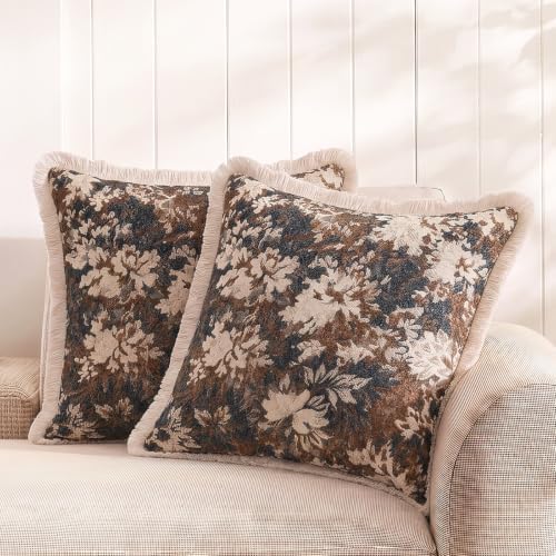 Fancy Homi Set of 2 Vintage Brown Bold Floral Chenille Decorative