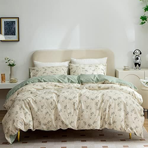 Duvet Cover Floral,100% Cotton Reversible Green Vintage Flower Bedding