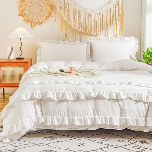 CCoutueChen White Ruffle Duvet Cover Queen 3Pcs Shabby Chic Farmhouse
