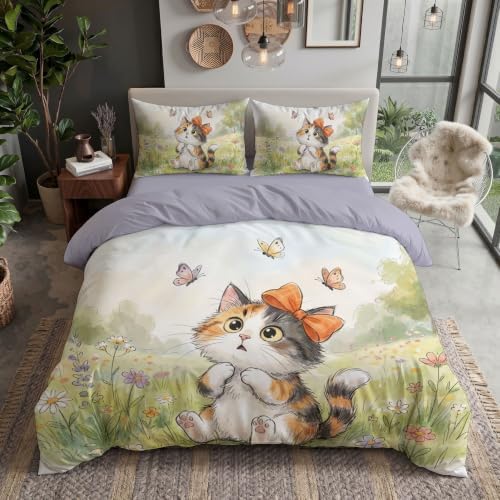 Sage Green Cute Cat Garden Duvet Cover Set For Women Girls 3 Pcs Cute