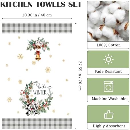 Winter Woodland Deer Tea Towels Set of 4, 100% Cotton