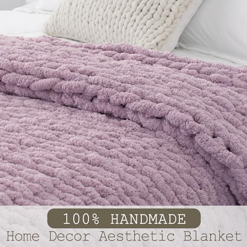 Chunky Knit Throw Blanket 50x60, 100% Handmade Chenille Yarn