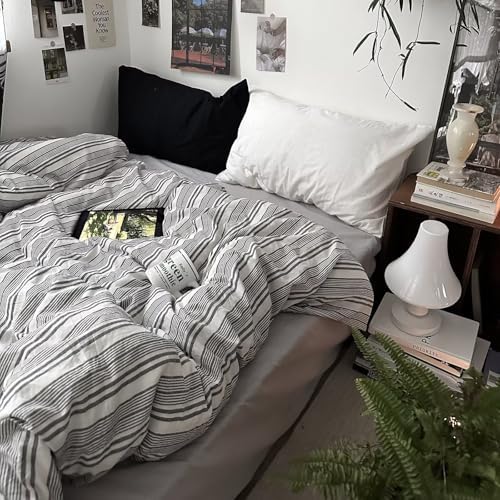 MKXI Full Size Charcoal Grey & White Striped Duvet Cover Set - 3 Piece