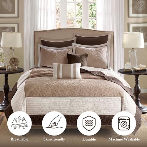 Madison Park Reversible Breathable Coverlet Beige Queen Quilt Set, 7pc