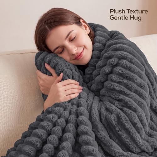 Utopia Bedding Fluffy Striped Fleece Blanket Grey Queen, 90x90 Inches