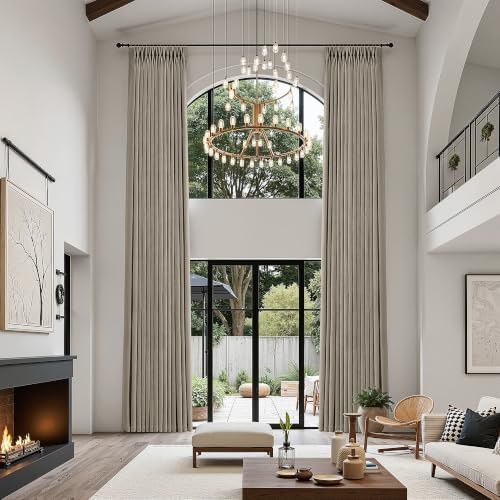 Pinch Pleated Linen Tan Curtains 192 Inches Long for High Ceiling