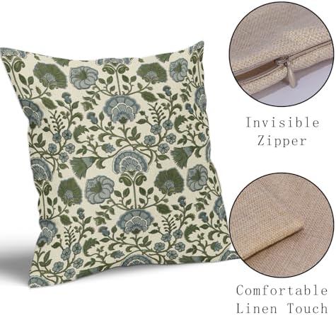 Blue Sage Green Floral Block Print Pillow Covers 22x22 Set of 2
