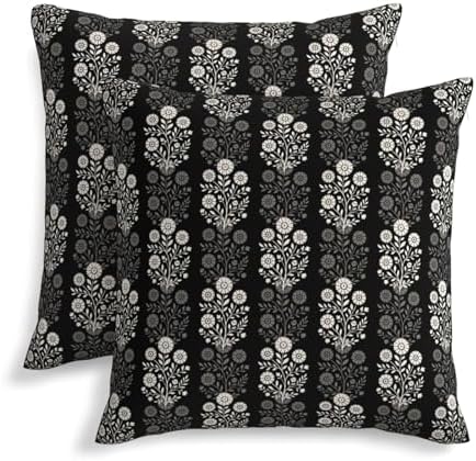 Vintage Black Cream Floral Block Print Decorative Pillow Covers 20x20