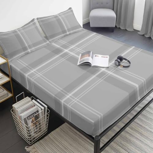 Twin XL Fitted Sheet Deep Pocket, Minimalist Gray Plaid Soft