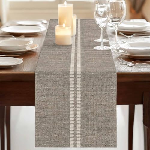 Cream Grain Line Table Runner 13 x 120 Inch Soft Taupe Woven Canvas