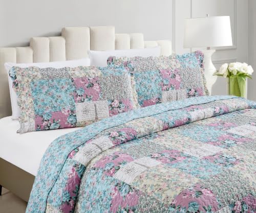 Brilliant Sunshine Lilac Rose Toile Lively Patchwork Quilt Set, King