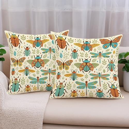 Butterfly Throw Pillow Covers Set of 2, Nature Fanciful Beetle